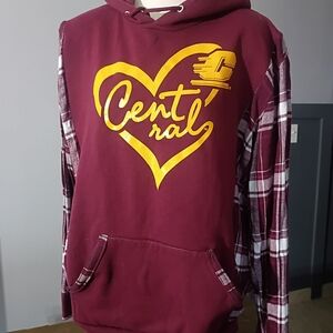 Upcycled Central Michigan Pullover Hoodie with Flannel Sleeves